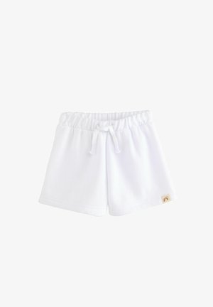 Weißer Baumwollshorts mit einem elastischen Bund, Kordelzug und einem kleinen Logoschild. Verfügt über eine glatte Textur und eine lockere Passform.