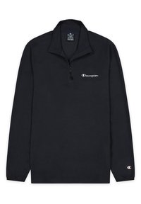Pullover in pile blu navy con colletto alto e zip quarti. Presenta un logo bianco "Champion" sul petto e un piccolo logo sulla manica.