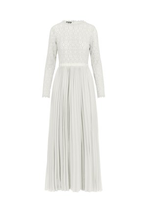 Long-sleeve, light grey dress featuring a lace bodice with diamond patterns, a cinched waist, and pleated skirt. Textured accents throughout.
