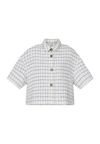 Hvid cropped jakke med et tekstureret rutenetmønster i marineblå, korte ærmer og knaplukning fortil. Har en krave og to knapper.