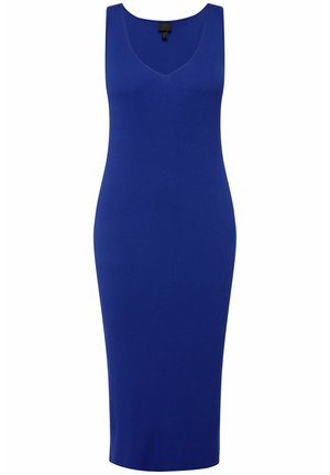 Kongelig blå rib-strik kjole med ærmeløs design, dyb V-udskæring, tætsiddende silhuet og knælængde.