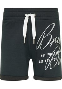 Svarta bomullsshorts med vit dragsko och silvertryck. Har en rullad fåll och en mjuk textur, lämplig för avslappnad användning.