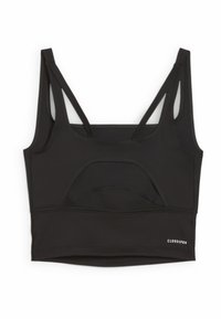 Melnā sporta krūšturis ar bezšuvju dizainu, platām plecu siksnām un noapaļotu izgriezumu zem dekoltē. Iespējojams logotips apakšmalā.