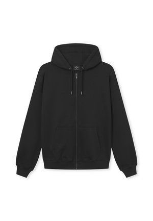 Zwarte zip-up hoodie met een trekkoordcapuchon, voorzakken en geribbelde mouwen. Gemaakt van zachte stof met een gladde textuur en een eenvoudig ontwerp.