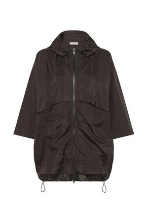 Veste légère noire avec capuche, fermeture éclair à l'avant et coupe ample. Caractéristiques : design froncé, manches courtes et détail en mesh en bas.