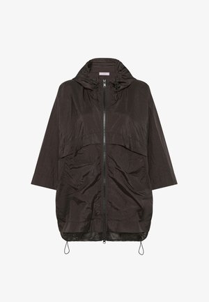 Schwarze leichte Jacke mit Kapuze, Frontreißverschluss und lockerem Schnitt. Mit gerafftem Design, kurzen Ärmeln und Mesh-Detail am Saum.