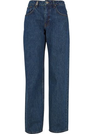 High-Waisted Straight-Leg dunkelblaue Jeans aus Denim mit Vordertaschen, Gürtelschlaufen, Knopf- und Reißverschluss.