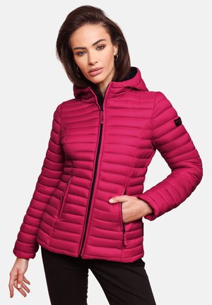 Fuchsia puffer jacket with horizontal quilted design, front zip closure, side pockets, and a hood. Smooth texture with a fitted shape.