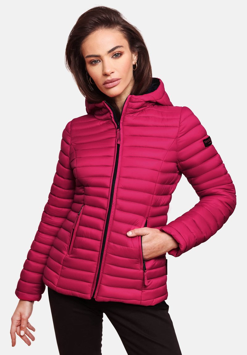 Fuchsia puffer jacket with horizontal quilted design, front zip closure, side pockets, and a hood. Smooth texture with a fitted shape.
