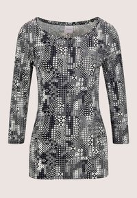 Schwarz-weißer Langarmshirt mit geometrischen Mustern, rundem Ausschnitt und figurschmeichelnder Passform, aus weichem, elastischem Stoff.