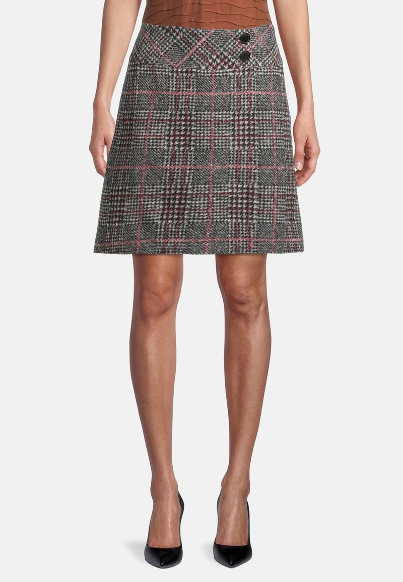 Šedá kostkovaná sukně s růžovými akcenty, s rozšířeným střihem, dvěma výraznými černými knoflíky a texturovanou látkou.