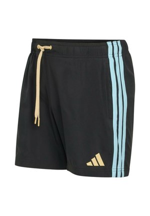 Pantalones cortos deportivos negros con franjas laterales azul claro, cordón beige y logo beige de Adidas en la parte delantera izquierda.
