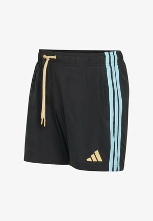 Pantalones cortos deportivos negros con franjas laterales azul claro, cordón beige y logo beige de Adidas en la parte delantera izquierda.