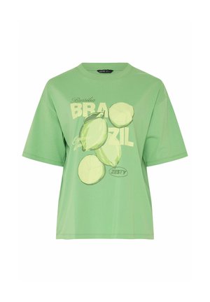 Grünes T-Shirt mit kurzen Ärmeln, bedruckt mit Zitronen und dem Text "Brasilia BRAZIL" sowie "Zesty" in Hellgelb und Weiß.