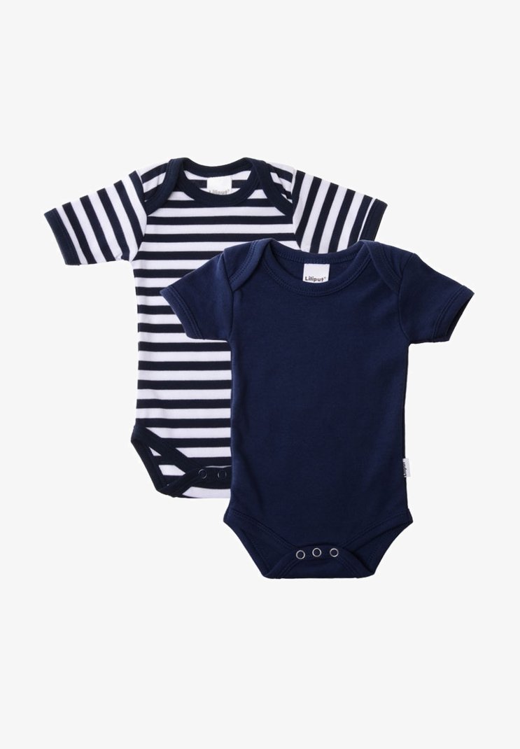 Two short-sleeve bodysuits: one navy blue, one white and navy striped. Both feature snap closures at the bottom and a soft, cotton texture.