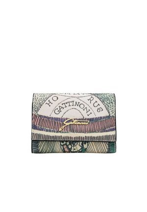Kompaktowy portfel z wielokolorowymi abstrakcyjnymi wzorami, logo "Gattinoni" w złotym napisie na przedniej klapce.