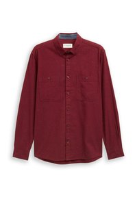 Chemise à manches longues bordeaux en tissu texturé, avec deux poches poitrine à boutons, un col boutonné et un col intérieur contrasté.