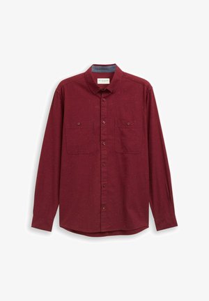 Bordó hosszú ujjú ing texturált anyagból, két gombos mellzsebbel, gombos gallérral és kontrasztos belső gallérral.