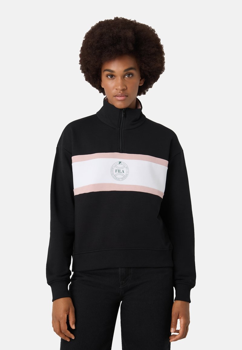 Black fleece pullover with a high collar, featuring a white horizontal stripe accented by a pink band, and a central logo.