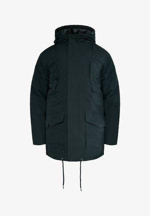 Dark green parka jacket with a hood, featuring two front pockets, a zip closure, and adjustable drawstrings at the waist and hood.