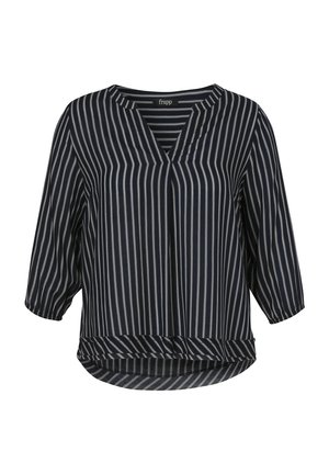 Zwarte blouse met witte verticale strepen, driekwart mouwen, V-hals en licht gebogen zoom met contrasterende horizontale strepen.