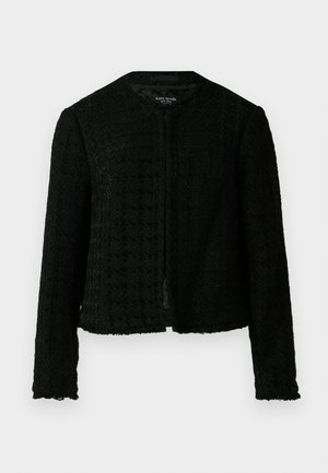 Black textured jacket with a round neck, long sleeves, open front, and frayed edges. Label reads "kate spade new york."