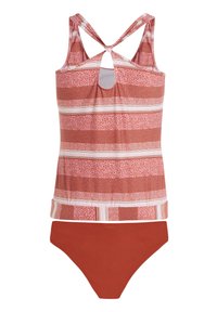 Zweedele kuppebadedragt med et mønstret tanktop i rød og hvid strib, samt ensfarvede røde bikini underdele. Toppen har en detalje med nøglehul i ryggen.