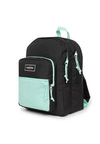 Zaino nero con una tasca frontale verde menta, scomparti con zip, spallacci regolabili e un manico ad anello. Realizzato in tessuto resistente.