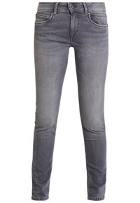 Šedé džíny z denimu se slim fit střihem, s vybledlým efektem, pěti kapsami, poutky na opasek a zapínáním na knoflík. Měkká textura.