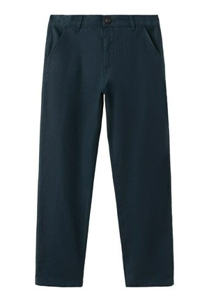 Pantalon droit bleu marine avec passants pour ceinture, fermeture à bouton, poches avant et un design épuré et ajusté.