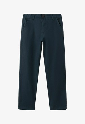 Pantaloni blu navy a gamba dritta con passanti per cintura, chiusura a bottoni, tasche anteriori e un design pulito e su misura.