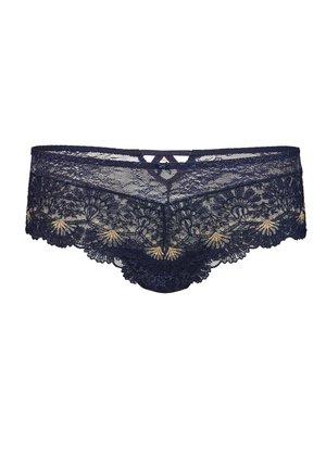 Culottes en dentelle bleu marine avec des motifs floraux, des bords festonnés et un design en clé central à la taille. Texture douce et légère.