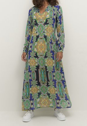 Abito maxi in tessuto leggero con un motivo floreale multicolore nei toni di blu, verde e giallo. Maniche lunghe e scollo a V.