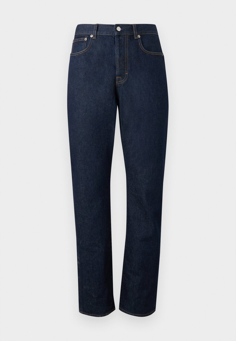 Dark blue straight-leg denim jeans with five-pocket styling, front button closure, and contrast stitching against a plain background.
