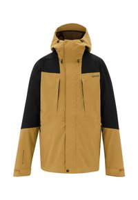 Veste d'extérieur à capuche camel et noire avec fermeture éclair frontale complète, deux poches poitrine et poignets réglables, marque Regatta Great Outdoors.