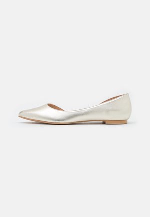 Chaussure plate en argent métallisé à bout pointu avec un petit talon, finition lisse, et design à enfiler sur fond blanc.