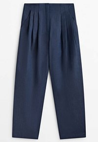 Pantalon bleu marine taille haute avec plis et poches latérales, coupe droite, en tissu lisse.