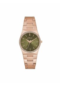 s.Oliver Uhr mit einem Armband aus Roségold, rundem grünen Zifferblatt, Kristallakzenten um die Lünette und einfachen Stundenmarkierungen.