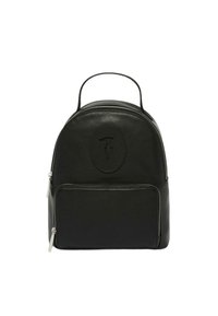 Schwarzer Leder-Rucksack mit rundem Design, vorderer Reißverschlusstasche und Tragegriff an der Oberseite. Mit geprägtem Logo auf der Vorderseite.