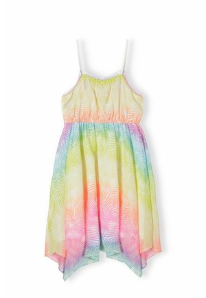 Robe sans manches avec fines bretelles et un ourlet en mouchoir, présentant un dégradé arc-en-ciel pastel et un motif discret de feuilles.