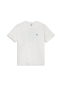 Witte katoenen T-shirt met een ronde hals en korte mouwen, voorzien van een klein blauw geborduurd logo op de linkerborst.