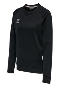 Svart sweatshirt i bomullsblandning, med ribbad rundhals, långa ärmar och subtil logotyp på bröstet samt texturerad sidodetalj.