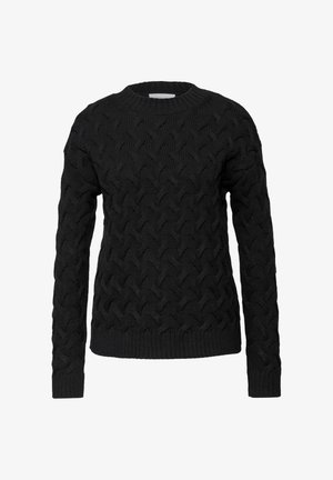 Czarny dziany sweter z wzorem warkocza, okrągłym dekoltem oraz ściągaczami na rękawach i u dołu. Materiał wydaje się gruby i o fakturze.