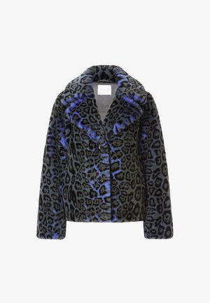 Leopard print jacket in gray with blue accents, made of soft fur-like material, featuring a notched collar and two front button closures.