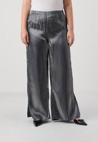 Gray satin wide-leg pants with an elastic waistband, featuring side slits for added movement and a smooth, shiny texture.