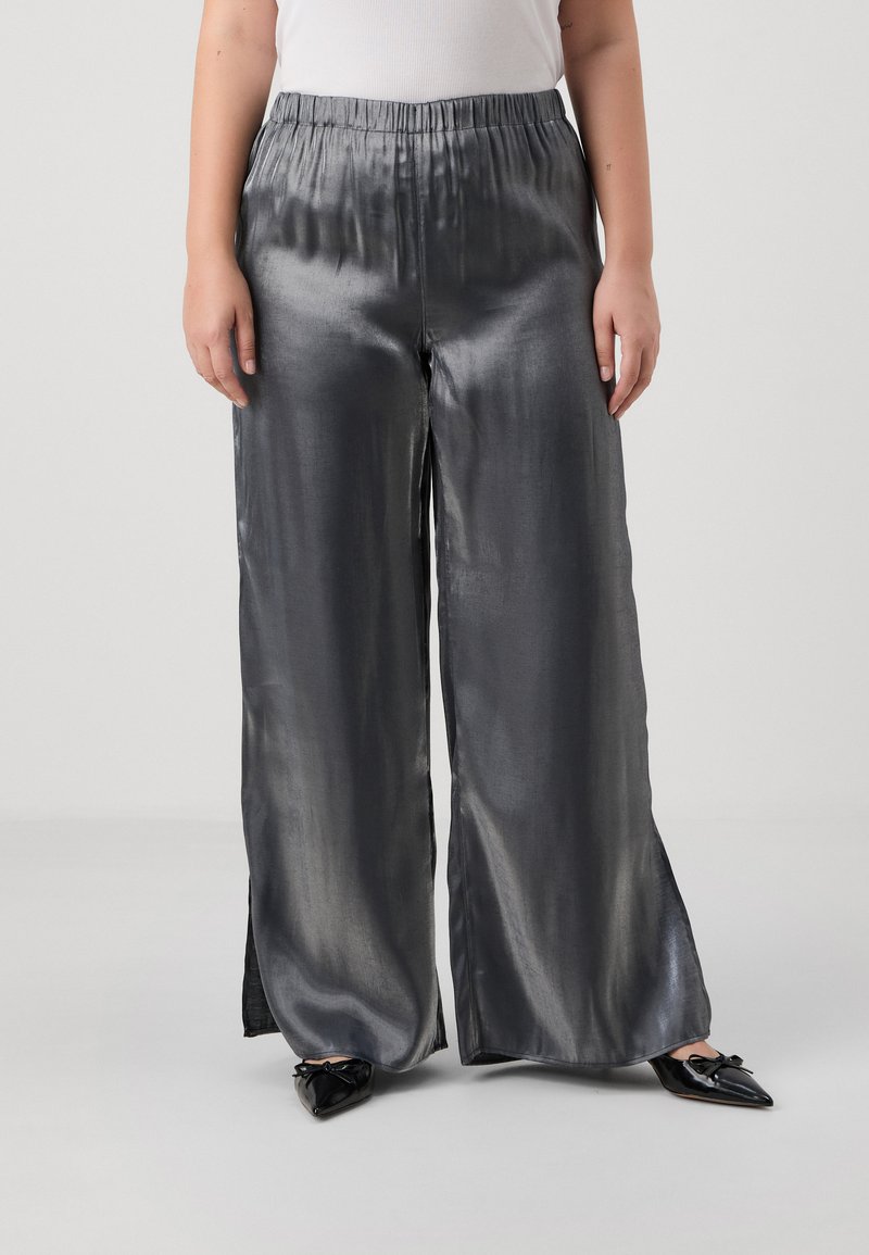 Gray satin wide-leg pants with an elastic waistband, featuring side slits for added movement and a smooth, shiny texture.