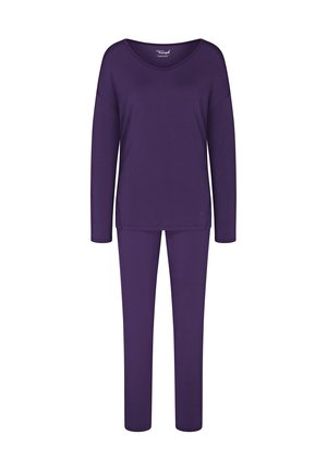 Blusa de manga larga morada y pantalones a juego hechos de una tela suave. La blusa presenta un escote ancho, mientras que los pantalones tienen un diseño de pierna recta.