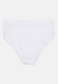 Witte katoenen slip met een eenvoudig ontwerp, gladde textuur en elastische tailleband. Heeft volledige bedekking zonder zichtbare patronen of accenten.