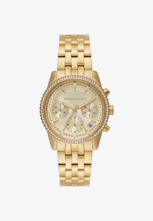 Gold Michael Kors wristwatch with linked band, crystal-studded bezel, three subdials, and date window at 4 o'clock.