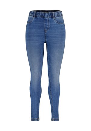 Blauwe denim skinny jeans met een elastische tailleband, voorzakken en een gladde textuur, met een klassiek vijf-zakkenontwerp.